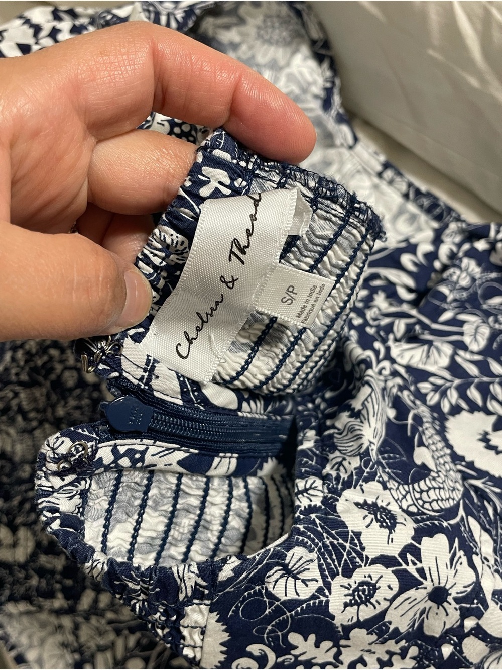 Square Neck Puff Sleeve Floral Print Top - Blue & White - Picture 5 of 6
